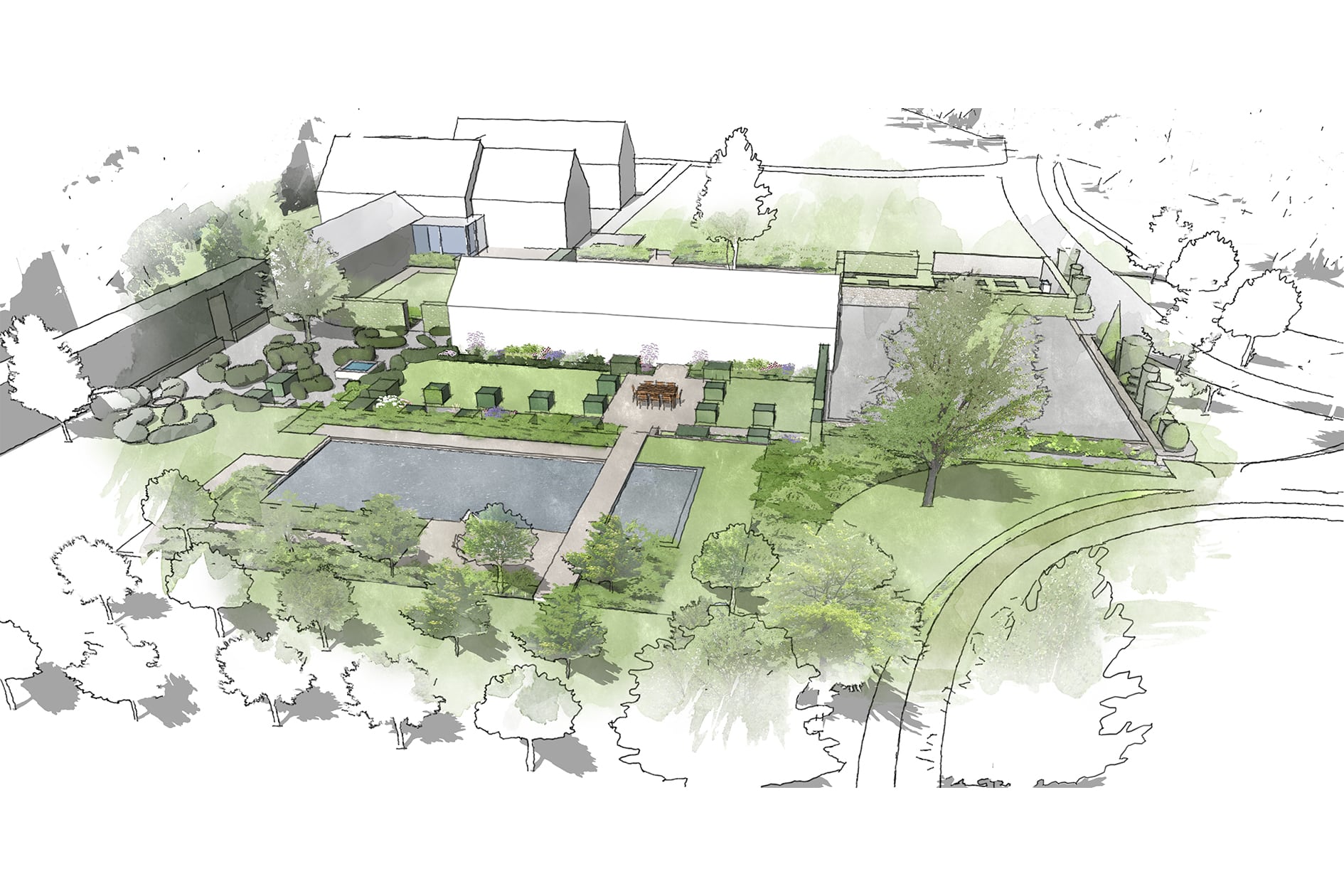 A new country garden & swimming pool in Gloucestershire. Visual drawn by Fiona Silk Landscapes & Learning.