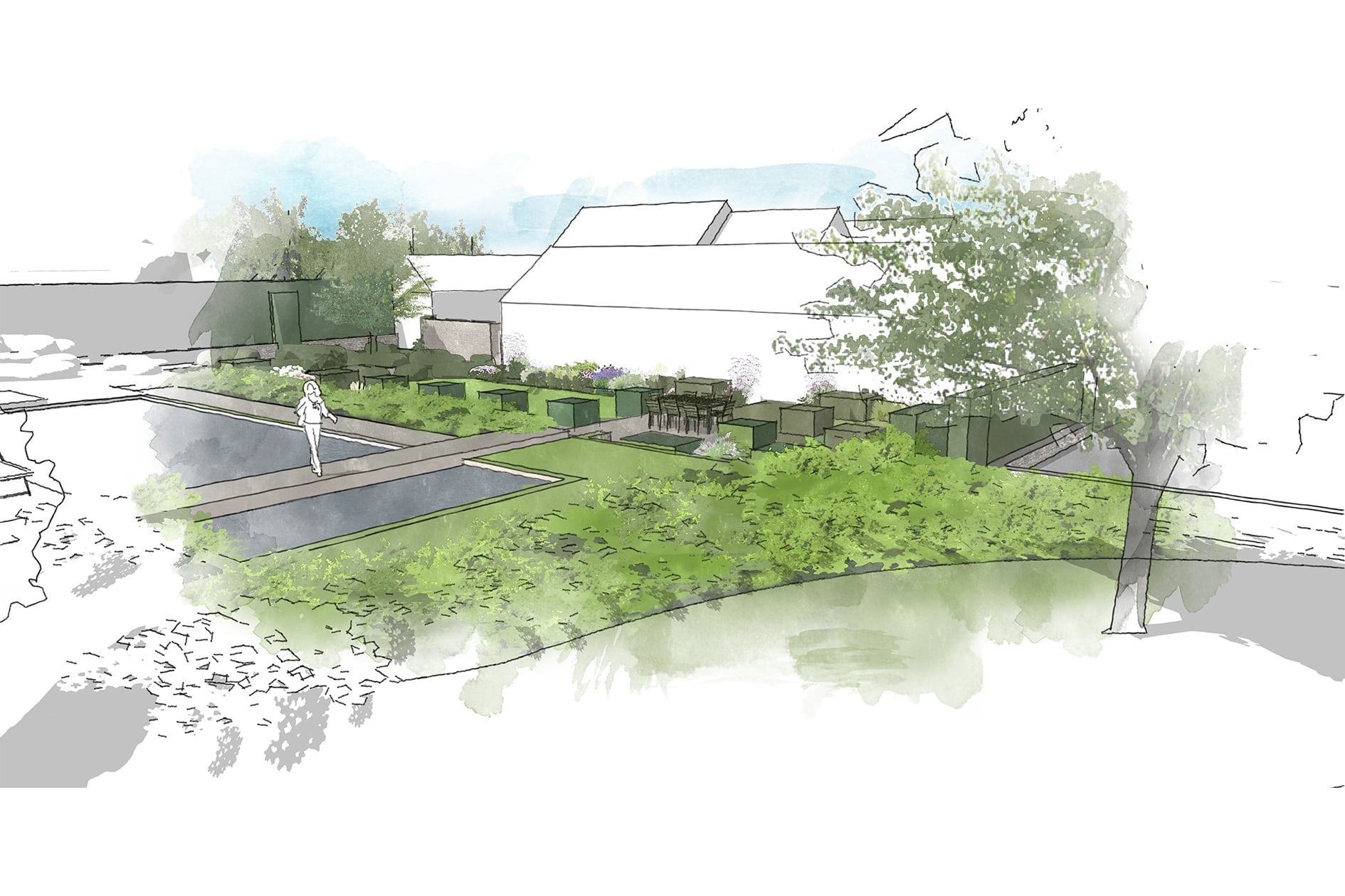 A new country garden & swimming pool in Gloucestershire. Visual drawn by Fiona Silk Landscapes & Learning.