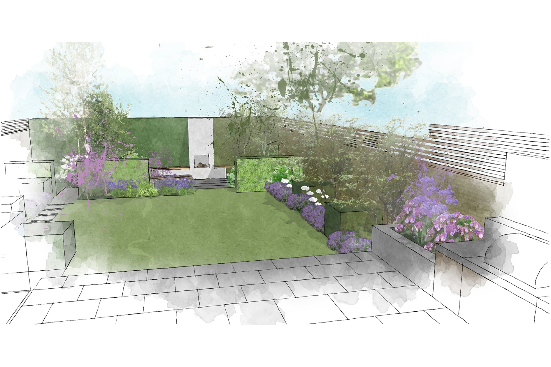 A new London garden with an outdoor kitchen & fireplace. Visual drawn by Fiona Silk Landscapes & Learning.